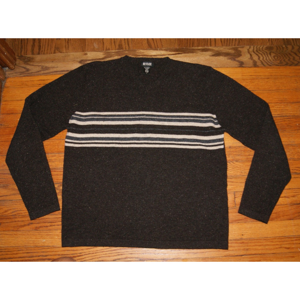 Vintage 90s 111 State Mens Large Brown Vneck Sweater Wool Blend Striped